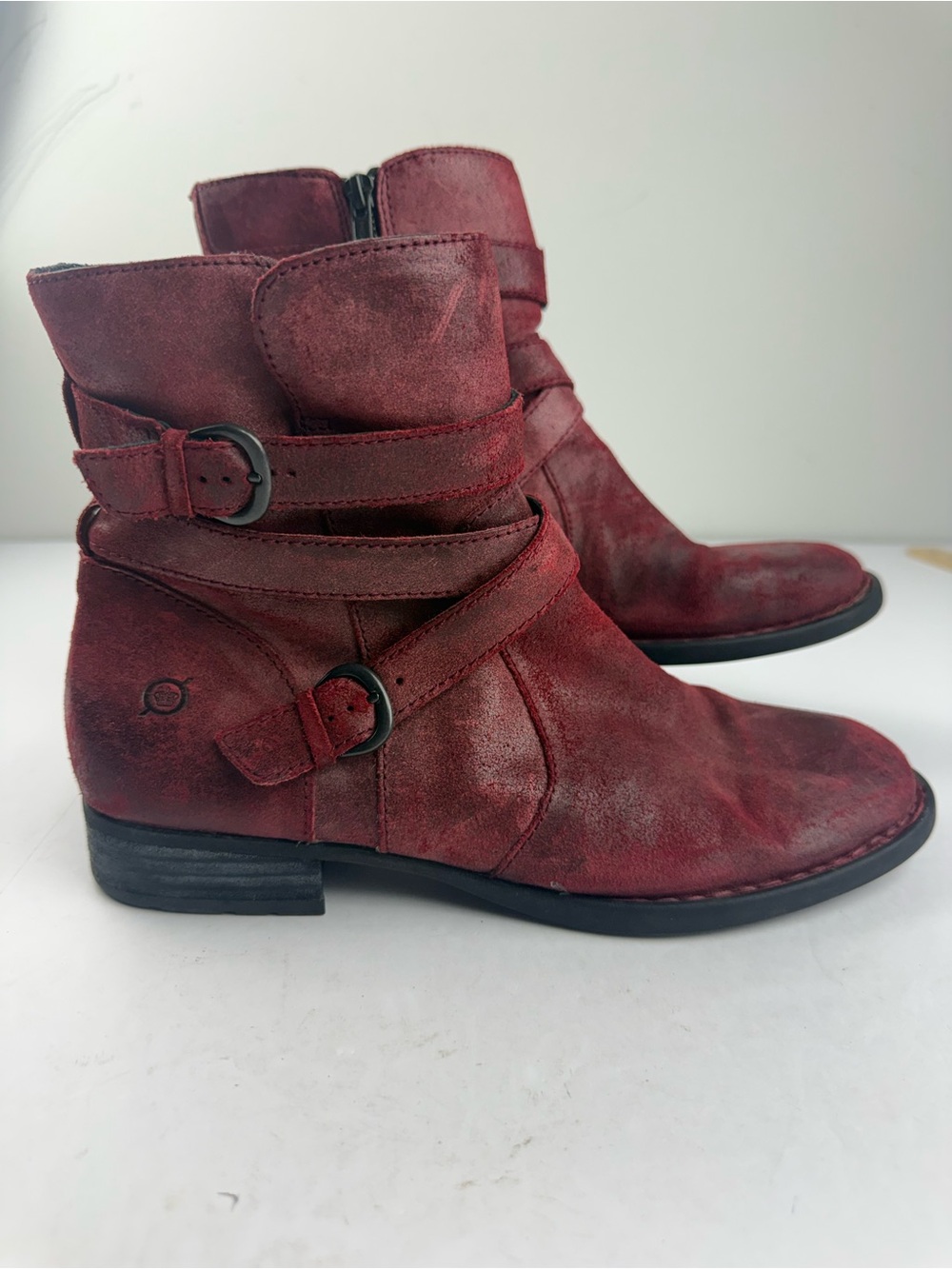 Born Womens 9.5 McMillan Buckle Strap Red Leather Moto Ankle Boot